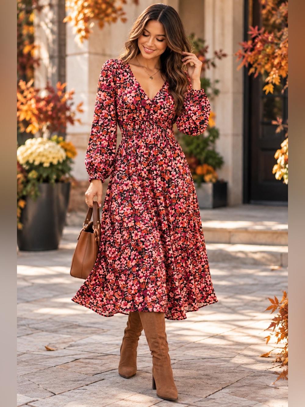 London Times Autumn Ditzy V-Neck Smocked Bishop Sleeve Midi Dress Size S